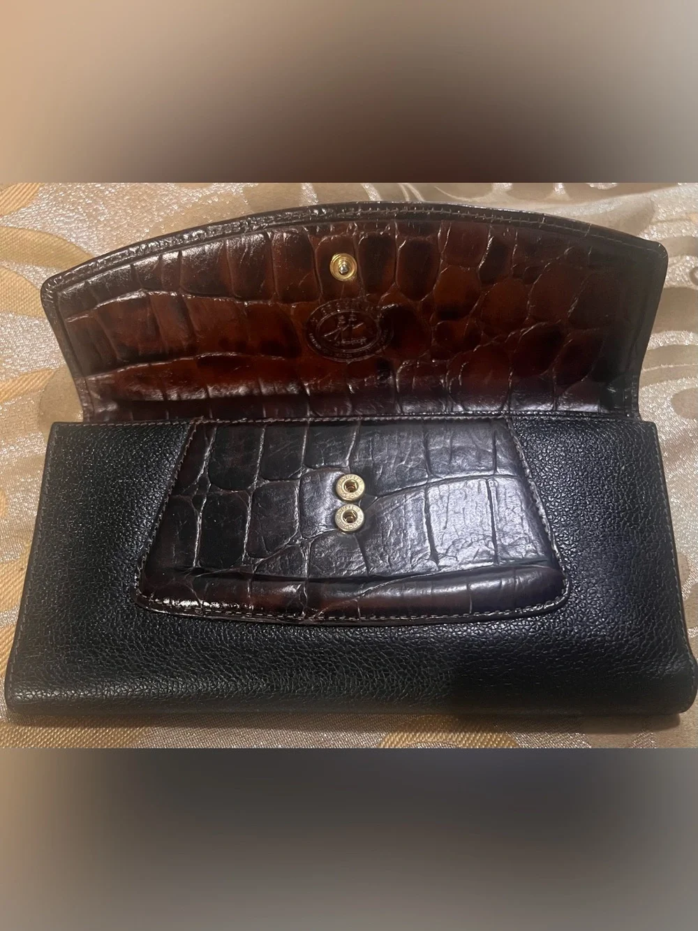 Vintage Brahmin Two-Tone Leather Tri-Fold Checkbook Wallet- Black & Brown Croc